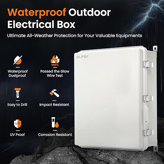 QILIPSU UL94-V0 Outdoor Electrical Box 20.3"x16.4"x7.9" Waterproof Junction Box Weatherproof PC/ABS Alloy Plastic IP66 Project Electric Enclosure Grey Hinged Door