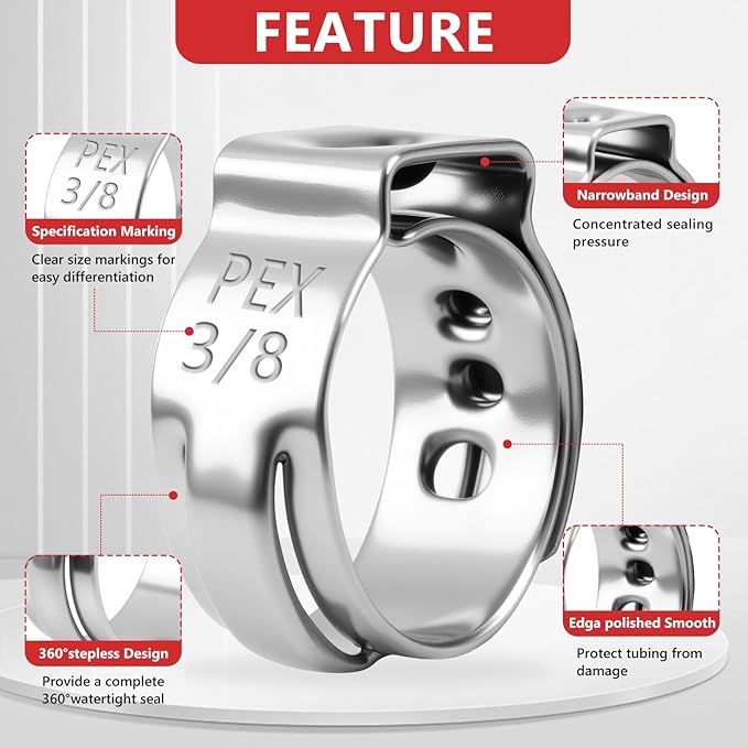 Newdeli 60pcs 3/8 inch Pex Crimp Rings Stainless Steel PEX Clamps Single Ear Hose Clamps Pex Fittings Cinch Pinch Clamp for Pipe Tubing Plumbing