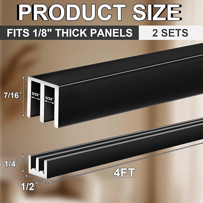 Landical 2 Set 4 Ft Long Metal Sliding Door Track Set for 1/8" Thick Panels Glass Cabinet Door Hardware System Window Sliding Track Quick Easy Installation (Black)