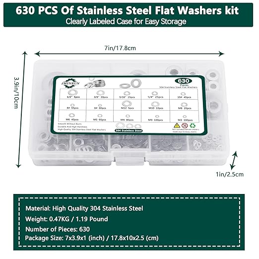 304 Stainless Steel Flat Washers Assortment Set - 630 Pcs SAE+Metric 15 Sizes Washers for Screws & Bolts (M2-M12, 6#-1/2)