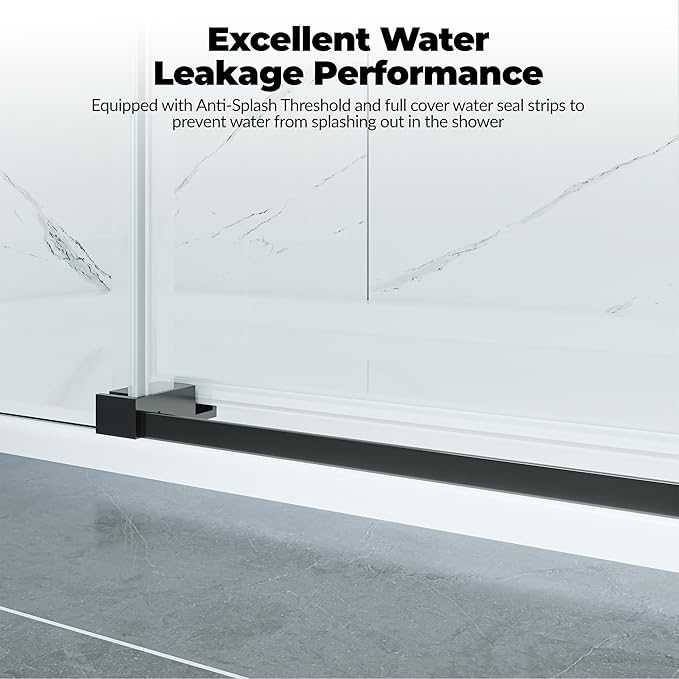 Frameless Sliding Shower Door - 56 to 60 Inch Adjustable Width x 76 Inch Height, 8mm Tempered Glass with Soft Close & Easy-Clean Coating, Stainless Steel Round Rail & 55 Rollers, Matte Black Finish