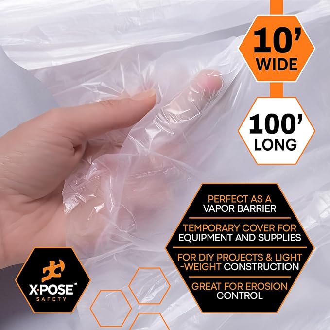 Xpose Safety Clear Plastic Sheeting 2 Pack – 10' x 100' Rolls – Heavy Duty 3.4 Mil Poly Sheet – Waterproof, Dustproof, Vapor Barrier – for Construction, Painting, Industrial Use