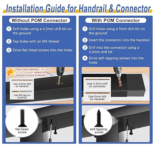 3Pack 6'6" T304 Stainless Steel Handrails Black with Extension Connectors End Cap Kits for Cable Railing System Posts Kit, Cuttable Rectangular Handrails Flat Top Rail - 2.36" W x 1.18" H