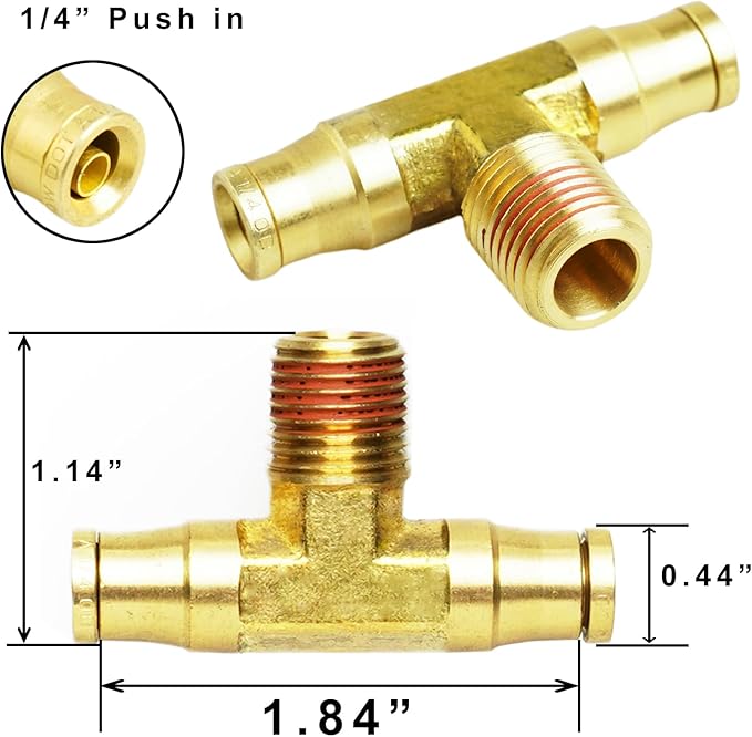 Push-to-Connect Pneumatic Fittings Set - DOT Air Brake Line Fittings, 5pcs Brass Air Hose Quick Connect Fitting, 1/4" Tube OD x 1/4" Tube OD x 1/4" NPT Male Tees