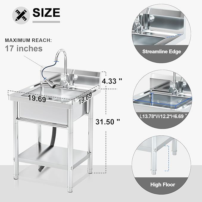 20 Inch Stainless Steel Utility Sink, Commercial Single Bowl with 360° Swivel Pull-Out Sprayer Faucet, Hot & Cold Water Lines, Drain Kit + Base Plate for Kitchen, Garage, Laundry