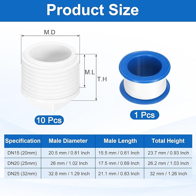 uxcell 10Pcs 1 Inch PT Male Thread PVC Pipe Fitting Plug, Cleanout Plugs, Water Drain End Caps Coupling Adapter with Tape for Water Heater Supply Lines, Plumbing, White