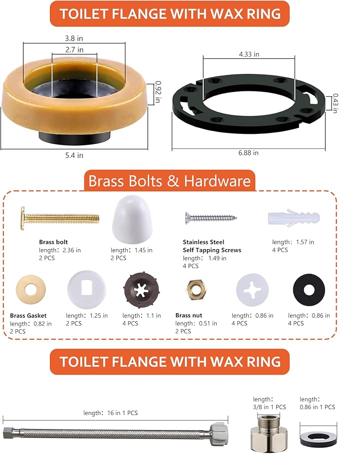 Toilet Wax Ring Replacement Kit with Flange & 16" Water Supply Line (7/8 in. Ballcock x 3/8 in. Comp) – Toilet Installation Kit, 3"/4" Drain Compatible, Toilet Flange Repair Kit