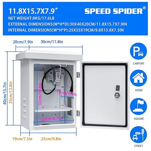 Outdoor Electrical Box withElectrical Cabinet Cooling Fan and Thermostat Set - 11.8 * 15.7 * 7.9" IP Weatherproof Box, Vented Box with Removable Mounting Plate Wall/Pole Mounted (30 * 40 * 20cm)