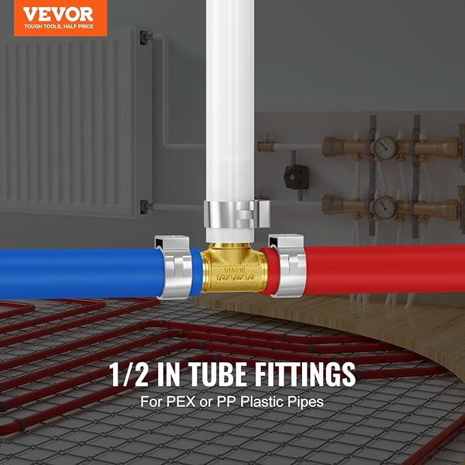 VEVOR Pipe Fittings, 1/2" 50PCS Brass Pipe Fittings, Clamp-style Tee Pipe Connector Brass Air Fittings, Heavy Duty Plumbing Fittings Tube Adapter for Heating/Shower Systems,Outdoor Water Pipes