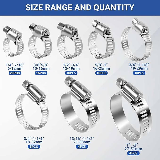 85Pcs 304 Stainless Steel Hose Clamps - Adjustable 1/4'' - 2'' (6-51mm) Worm Gear Clamps with 2pcs Socket Wrench for Plumbing,Automotive And Mechanical Application