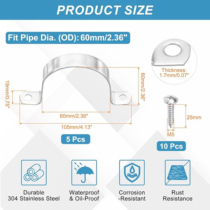 uxcell 5Pcs 60mm(2-3/8") Two Hole Rigid Pipe Strap, 304 Stainless Steel Conduit Clamp Thicken U Bracket Heavy Duty Pipe Clamp with Self-Tapping Screws for Fixing Tube Cable, Silver