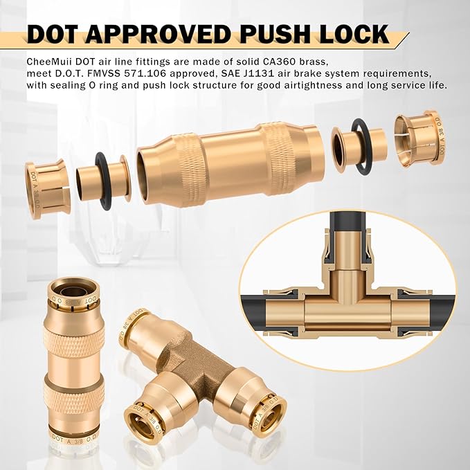 CheeMuii 60 Pcs Brass DOT Air Line Fittings kit Push Lock DOT Air Fittings Push to Connect Fittings NPT Thread & Quick Connect Air Hose Fittings for Air Line Air Hose Pneumatic Tubing