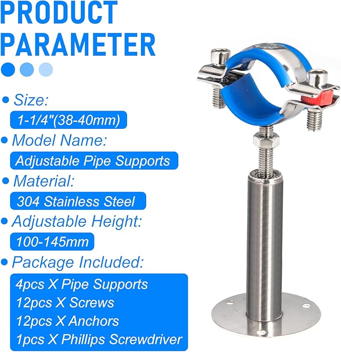 Kodilin 4PCS 304 Stainless Steel Wall Mount Ceiling Mount Pipe Supports,Suitable for OD Pipe 1-1/4"(38-40mm),Adjustable Height 100-145mm,Adjustable Pipe Strap Clamp with Screws
