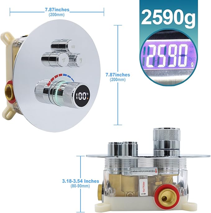 Round Digital Display Shower Valve 3 Way Shower Mixing Valve Concealed Installation Can Use All the Time Polished Chrome