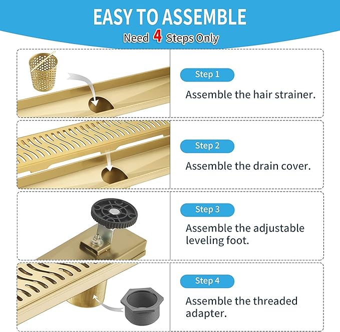 Linear Shower Drain 48 inch, Floor Drain with Removable Pattern Grate, 304 Stainless Steel Rectangular Linear Drain with Hair Strainer, CUPC Certified, Brushed Gold, SD-103