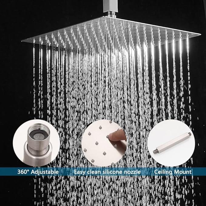 16 Inch Ceiling Mount Brushed Nickel Shower System Bathroom Luxury Rain Mixer Shower Combo Set Ceiling Rainfall Shower Head System (Contain Shower Faucet Rough-in Valve Body and Trim Kit)