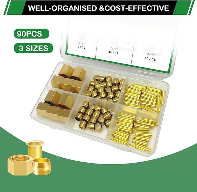 90pcs 3/16" Brass Compression Sleeves Ferrules Inserts Nuts Fittings Assortment Kit, Air Hose Ferrules Kit of Air Water Fuel Oil Gas Tube Lines