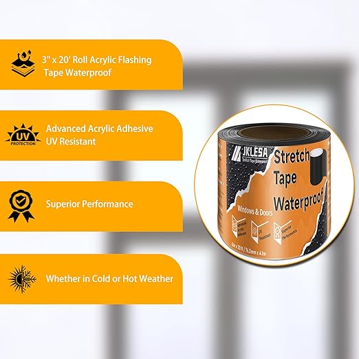Stretch Tape for Windows & Doors, 6" x 20' Roll UV Resistant Flashing Tape Waterproof, Self-Adhesive Flashing Tape for Windows, Weather Window Tape with Advanced Acrylic Adhesive, Black (4, 6" x 20')