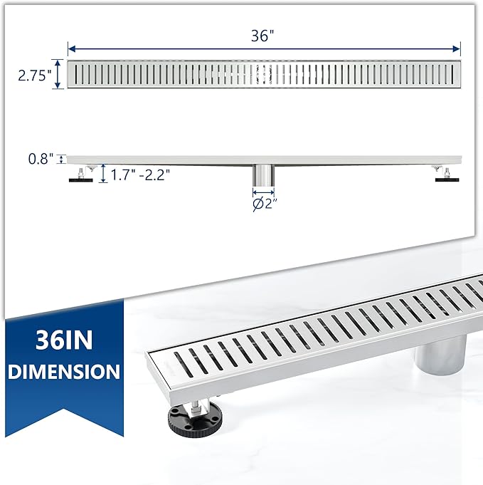 Neodrain 36" Brushed Linear Shower Drain Shower Linear Drain, Removable Capsule Pattern Grate, Bathroom 304 Stainless Steel Rectangle Shower Floor Drains- CUPC Certified