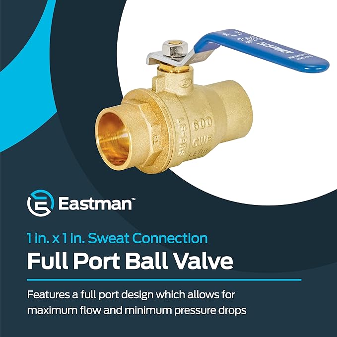 Eastman Heavy Duty Full Port Brass Ball Valve, 1 in Sweat x 1 in Sweat Connection, 20065LF