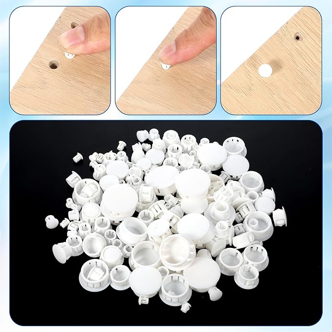 190 Pcs 9 Sizes White Hole Plugs, Plastic Hole Plugs 1/5" 1/4" 5/16" 3/8" 1/2" 5/8" 3/4" 7/8" 1" White Panel Knockout Locking Plug, Round Drill Screw Covers for Kitchen Cabinet Furniture