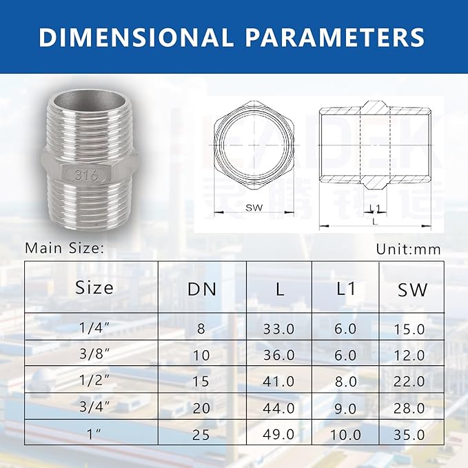 3/8" Male to 3/8" Male Hex Nipple Adapter, 316 Stainless Steel 3/8 Inch NPT Threaded Pipe Fitting, Heavy Duty Coupling for Plumbing Systems, Oil, Gas & Steam (2-Pack)