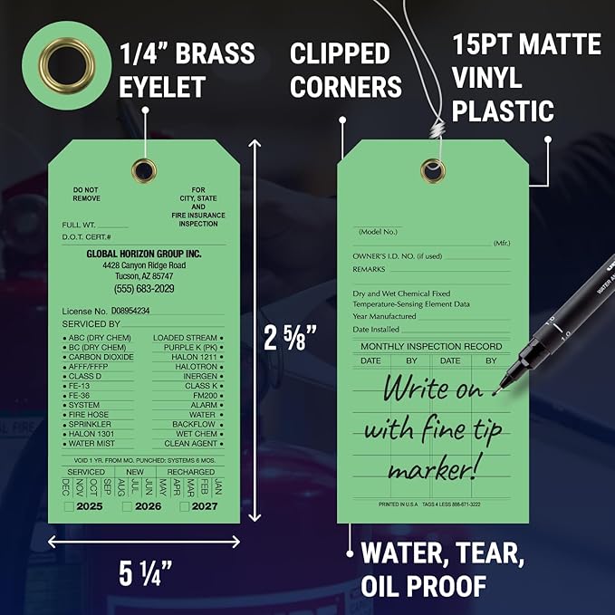 Tags 4 Less Custom Fire Extinguisher Tags – Preventative Maintenance Labels for Monthly Inspections, Alternative to Safety Sticker for Easy Record-Keeping – Pack of 100 (Light Green,Vinyl)