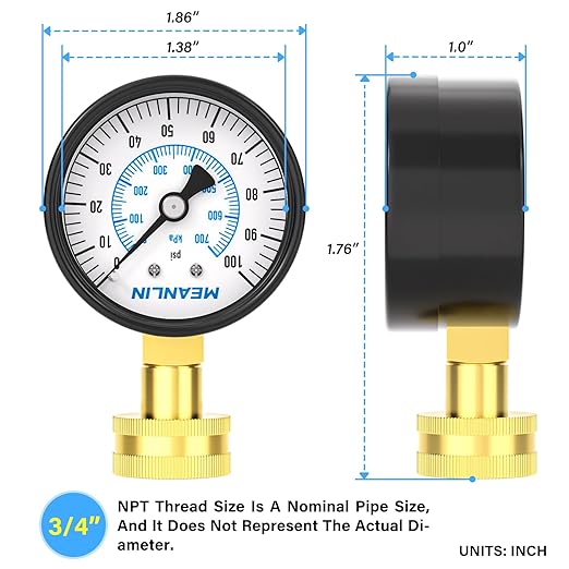 MEANLIN MEASURE 0-100psi Water Pressure Gauge, 3/4" Female 2.5" FACE DIAL Water Pressure Test Gauge with Sealing Ring, Water Pressure Gauge for Home