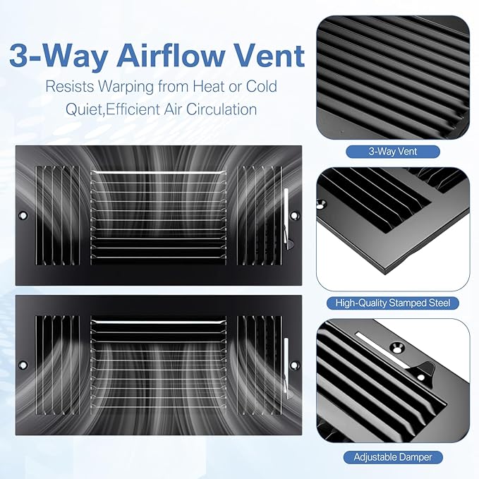 4 Pcs Black 14 x 6 Inch Three-Way Ventilation Register Air Ceiling Vent Cover Floor Register Metal Heat Vent Covers with Rust Proof for Wall Ceiling Home Bathroom Toilet or Office