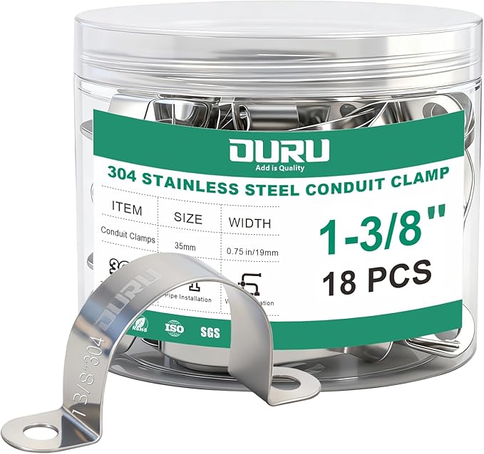 18pcs 1-3/8 Inch Conduit Clamp 304 Stainless Steel, Rigid Metal Pipe Clamp U Bracket, 2 Holes Pipe Strap for Automotive, Wire & Tube
