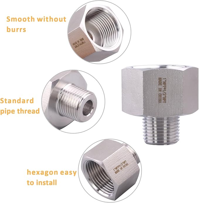 Forged Reducer Adapter Fitting - Stainless Steel 304 Reducing Pipe Connector, 1" NPT Female x 1/2" NPT Male (pack of 5)