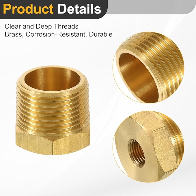 uxcell 1Pcs 3/4 BSPT Male x 1/8 NPT Female Brass Reducer Hex Bushing Threaded Pipe Fitting, Brass Threaded Pipe Fitting Adapter for Water, Gas, Oil Pipeline Systems