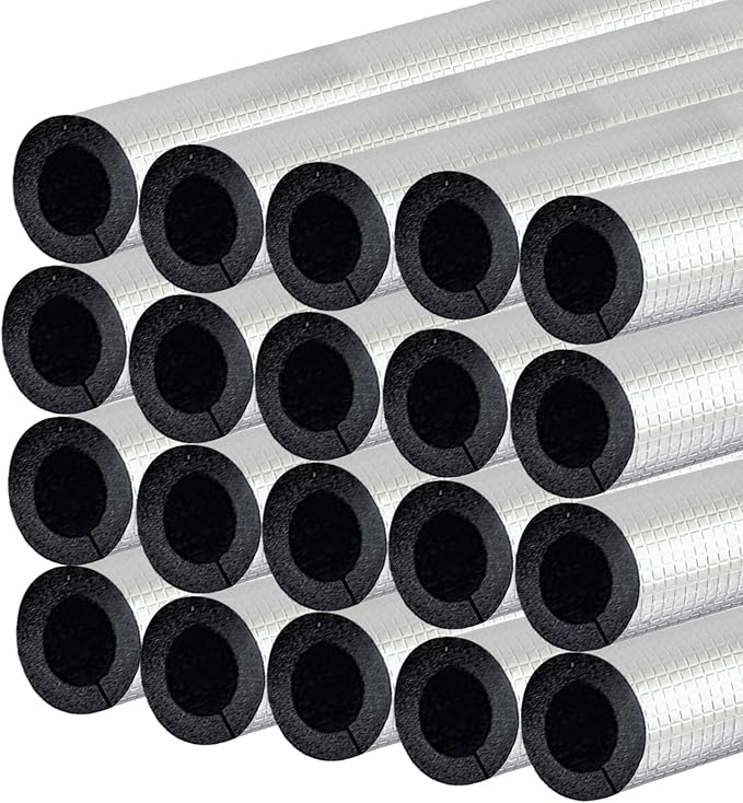 3/4 " ID Pipe Insulation Foam Tube Self Adhesive 16 " L Peel and Stick Pipe Insulation Foam Wrap Aluminum Foil Pipe Covers for Spigot, Winter Outside Pipes, Sprinkler 20 PC