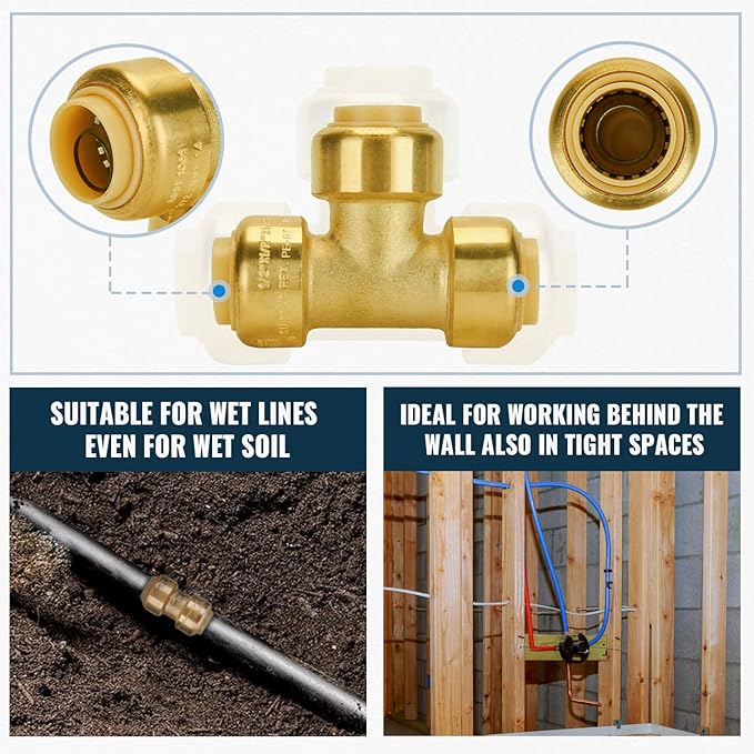 SUNGATOR Pushfit Plumbing Fitting Assortment 1/2 Inch, Straight Coupling (10 PCS), Tee (5 PCS), No Lead Brass Push to Connect Pex, Copper, CPVC, with A Disconnect Clip, Pack of 15