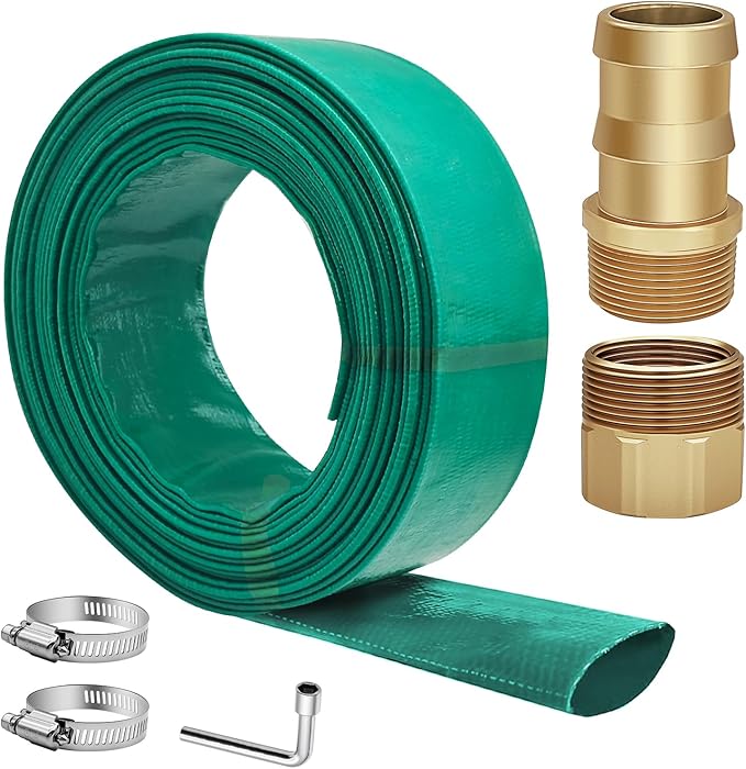 50FT Lay Flat Pool PVC Hose, 1.5" Discharged Sump Pump Hose Kit, 50FT Heavy Duty Drain Hose, Pool Backwash Hose 1.5 inch with 2PCS Metal Sump Pump Adapters(1.5" Barb and 1.25 Two-way Coupler)