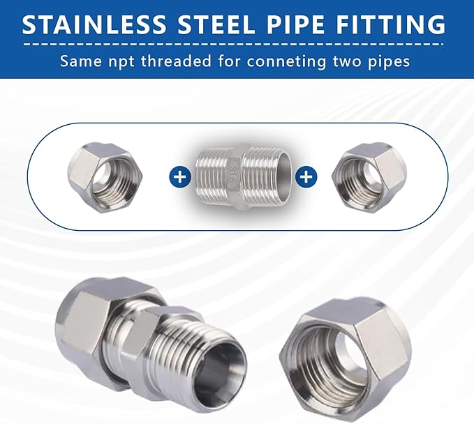 3/4" Male to 3/4" Male Hex Nipple Adapter, 316 Stainless Steel 3/4 Inch NPT Threaded Pipe Fitting, Heavy Duty Coupling for Plumbing Systems, Oil, Gas & Steam (2-Pack)