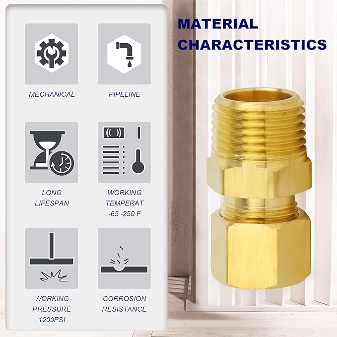 ChillWaves Brass Compression Tube Fitting, 1/4" OD x 3/8" NPT Male Compression Union Connector(5-PACK)