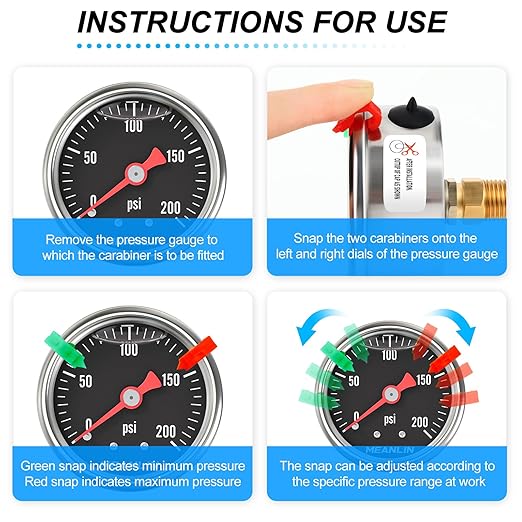 MEANLIN MEASURE 0~200Psi Black Stainless Steel Pressure Gauge, Glycerin Filled 1/8" NPT 1.5" FACE DIAL, Liquid Filled Pressure Gauge WOG Water Oil Air Back Mount (with 2PCS Snaps)