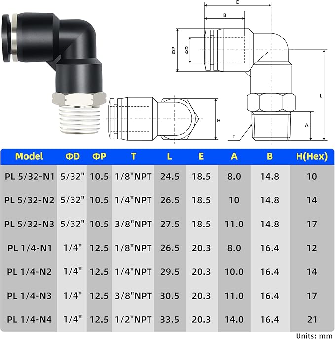 TAILONZ PNEUMATIC Elbow and Straight Combination 5/32 Inch Tube OD x 1/4 Inch NPT Thread Push to Connect Fittings PC-5/32-N2+PL-5/32-N2(Pack of 12)