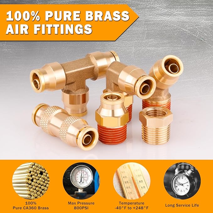 56 Pcs Brass DOT Air Line Fittings kit with Brass Bushings Push to Connect Fittings Push Lock DOT Air Fittings NPT Thread & Quick Connect Air Hose Fittings