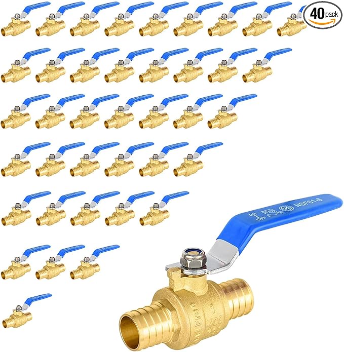 40 Pack Ball Valves, 1" Pex Crimp Shut Off Valve Blue, Brass Full Port Pex B Shut Off Ball Valve for Hot and Cold Water, NSF/ANSI 61 Certified