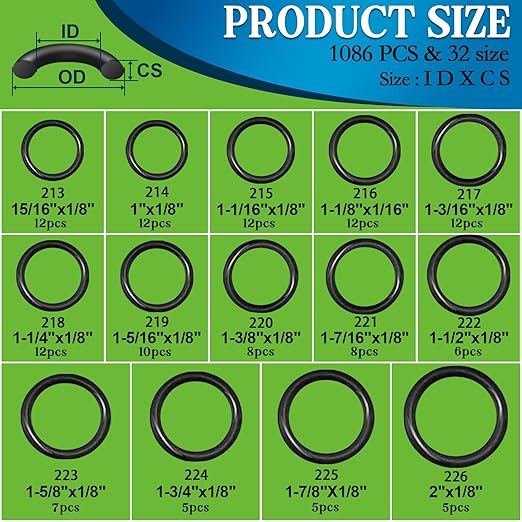 1086 Pcs SAE Standard O Ring Kit Nitrile Rubber O-Rings Assortment with O‘Ring Pick for Hydraulic Automotive Plumbing Faucet Seal Repair 32 Size Inch ID:1/8”-2”