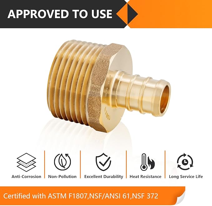 HeSun 10-Pack PEX Fittings, 1/2" PEX x 3/4" Male NPT, Brass Crimp Male Adapter, ASTM F1807