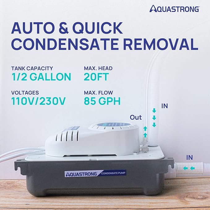 Aquastrong 1/38 HP 85 GPH HVAC Condensate Pump, 115V/230V, Automatic Safety Switch, AC Condensate Removal for Air Conditioner, Furnace, Dehumidifier, 3.3' Power Cord