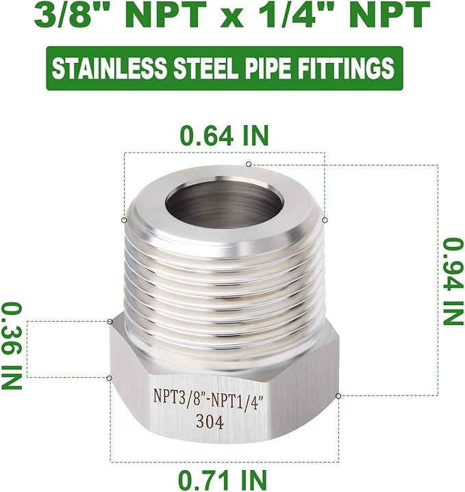 TAISHER 5PCS Forging of 304 Stainless Steel Reducer Hex Bushing, 3/8" Male NPT to 1/4" Female NPT, Reducing Forging Pipe Adapter Fitting