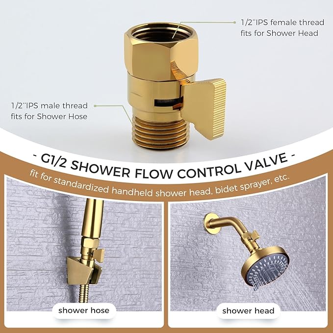 Shower Flow Control Valve, Brass Water Restrictor for Shower Head, Titanium Gold