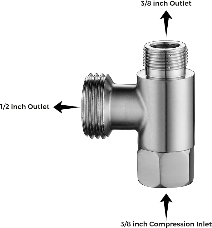 3/8 x 1/2 Adapter T Connector, ADD-A-Tee Adapter 3 Way Valve 3/8 Tee Compression, Stainless Steel Splitting Water Supply T Pipe Fitting for Bidet Hose, Angle Stop Valve T Connector