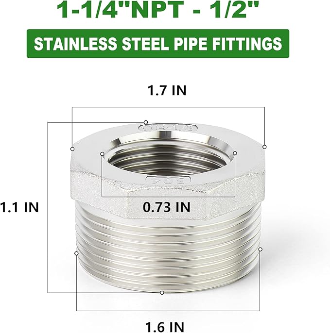 TAISHER 2PCS 304 Stainless Steel Reducer Hex Bushing, 1-1/4" NPT Male x 1/2" NPT Female, Reducing Pipe Adapter Fitting