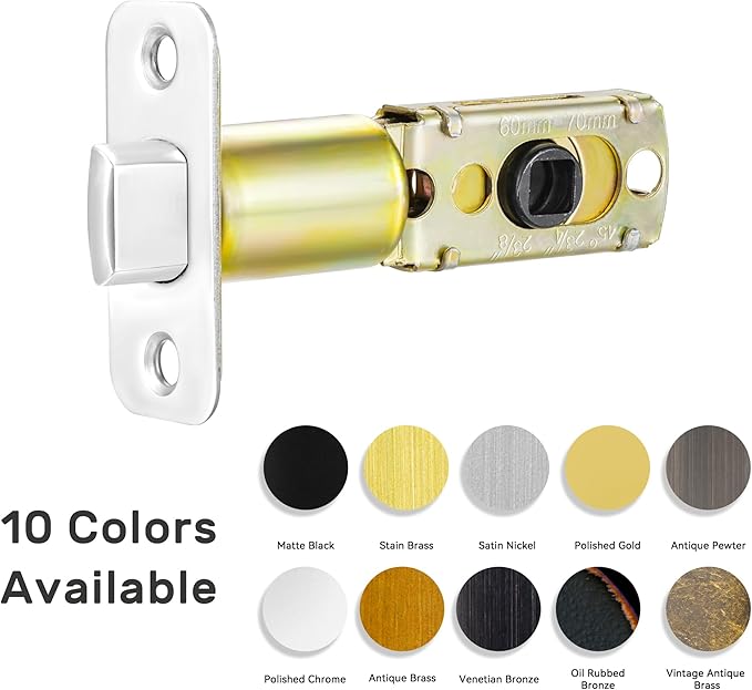 Polished Chrome Adjustable Door Latch 60 or 70mm, 45° Turning Angle, Door Lock Replacement Parts with Door Strike Plate, Wood Dowel, Dust-Boxes