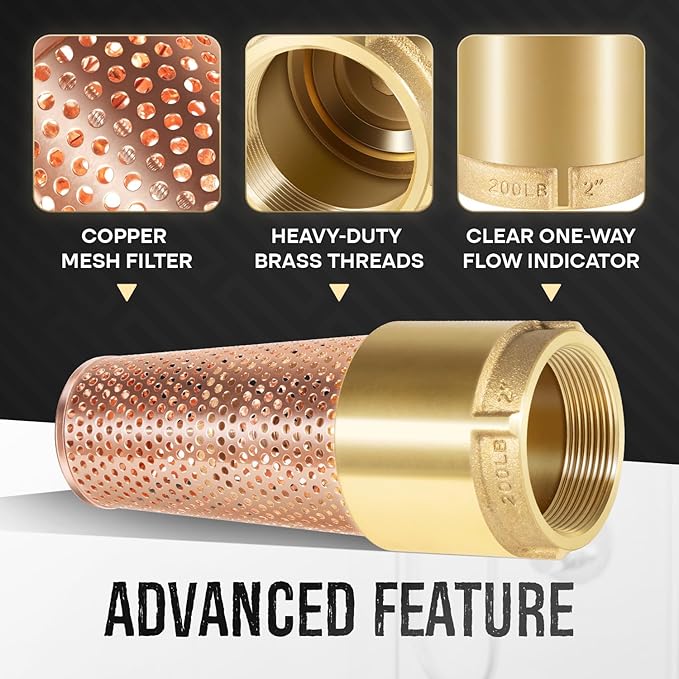 2" One-Way Foot Valve, No-Lead Brass With ZEBRA MUSSEL Strainer to Filter Impurities, No Return Valves Prevent Backflow of Media for Irrigation Water Pump